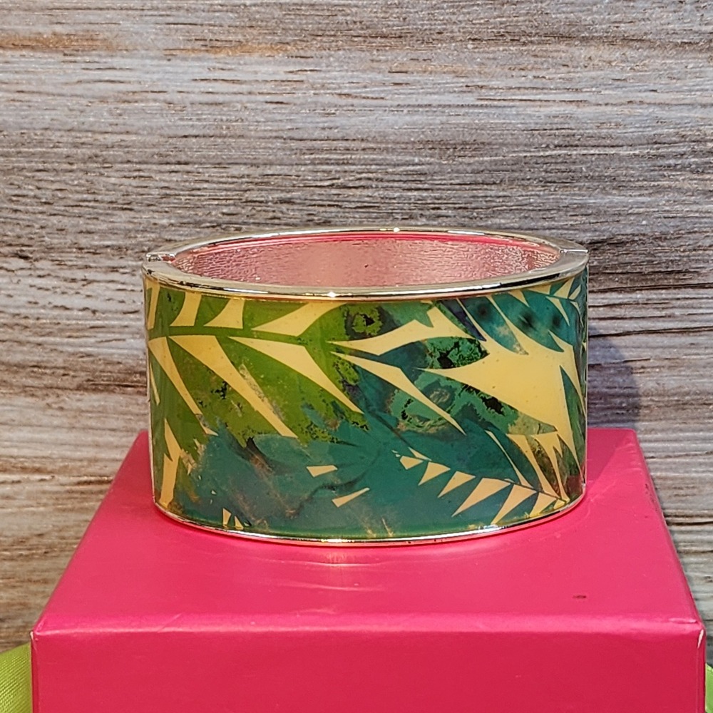 Macy's Brasil Tropical Palm Leaf Turquoise Enamel Hinged Bangle Bracelet